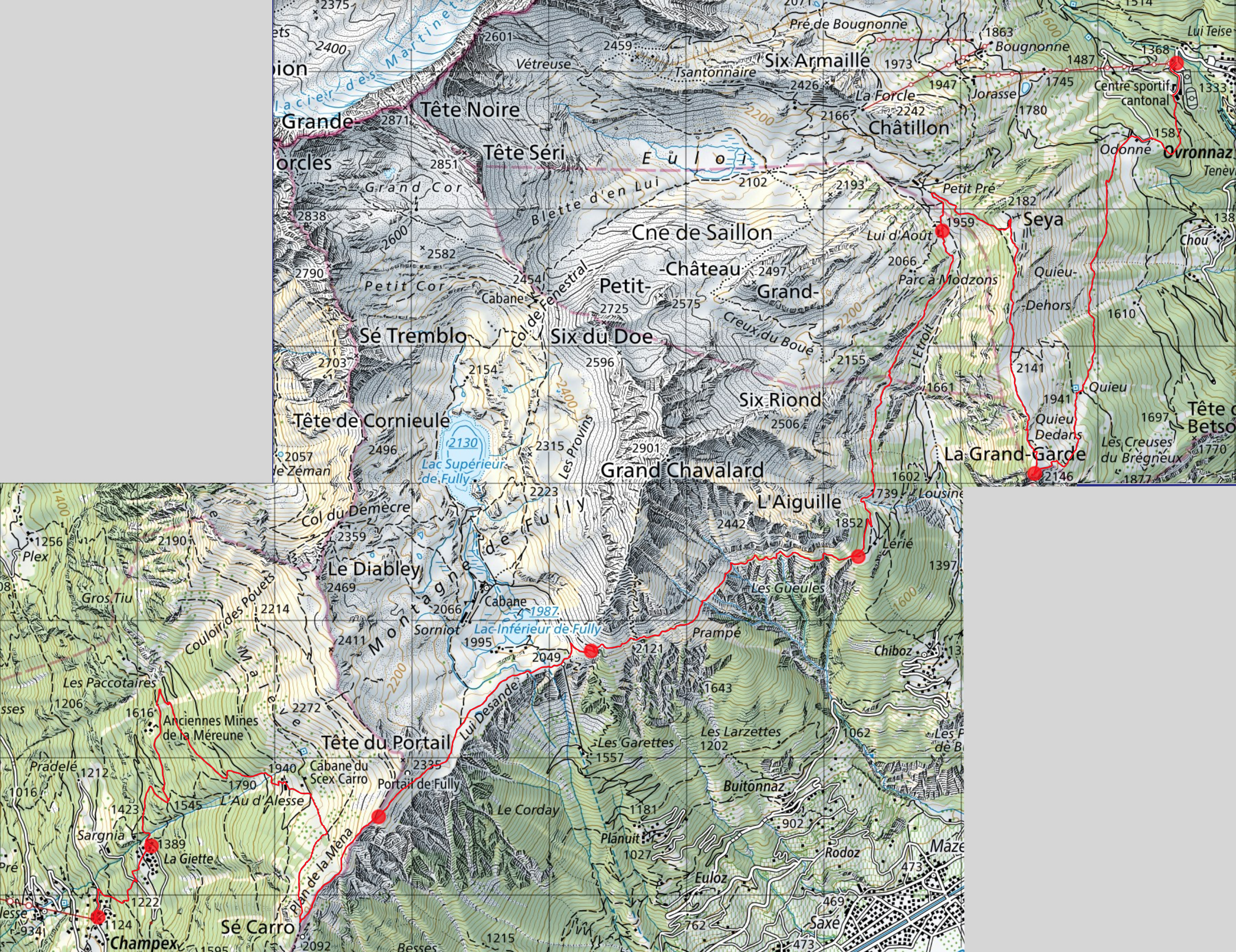 Carte avec parcours en rouge